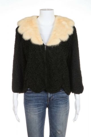 Vintage Jacket Black Scalloped Mink Fur Collar 3/4 Sleeve Cape Cover Open Front