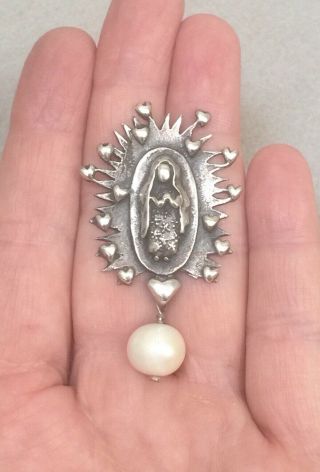 Vintage Sterling Silver Our Lady Of Guadalupe Virgin Mary Pendant High Relief 3