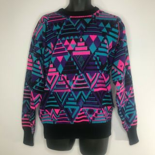 Vintage 80s Ossi Mens Ski Sweater L Geometric Hot Pink Blue Purple