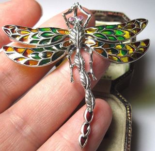 Assay Hallmarked Sterling Silver Nouveau Plique A Jour Enamel Dragonfly Brooch