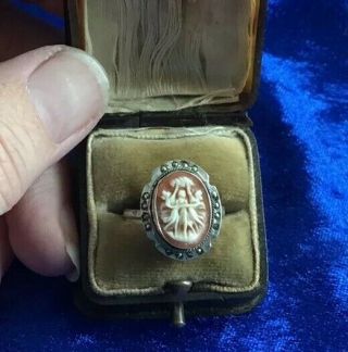 Antique Art Deco Real Silver & 3 Graces Hand Carved Shell Cameo Ring