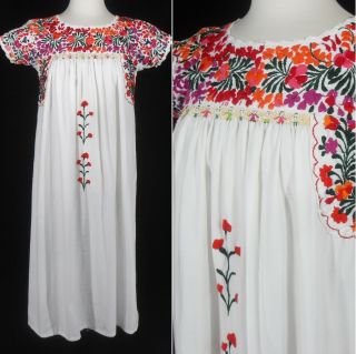 Vtg 70s Mexican Oaxacan Hand Embroidered Crochet Colorful Floral Bird Dress S