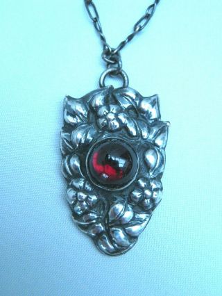 Antique Art Nouveau Silver & Red Glass Pendant Necklace C1910