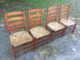 4 Wooden Ladder - Back Chairs Rush Wicker Seats Made In Italy Vintage