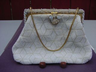 Vintage White And Gold Beaded Purse