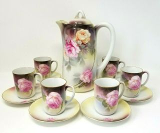 Vintage Rs Germany Chocolate Pot And Set Of 6 Green Mark Roses Floral 1912 - 1945