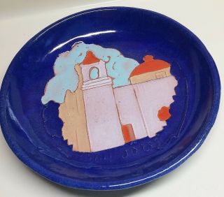Vintage San Jose Mission Art Pottery 6 3/8 " Bowl Dark Blue With Colorful Scene