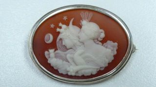 Antique 925 Sterling Silver Mount Cameo Brooch Lady Heads Moon Stars Owl
