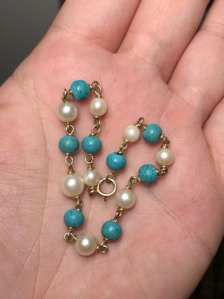 Pretty Antique 14k Gold Pearl & Turquoise Bracelet