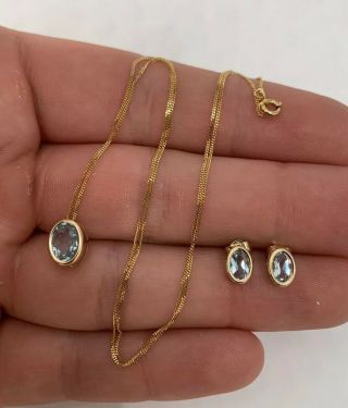 9ct Gold Blue Topaz Pendant On Chain & Matching Earrings 9k 375.