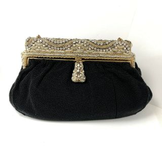 Vintage French Black Beaded Purse With Gold And Pearl Beaded Frame - Handmade