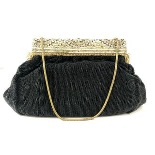 Vintage French Black Beaded Purse with Gold and Pearl Beaded Frame - Handmade 2