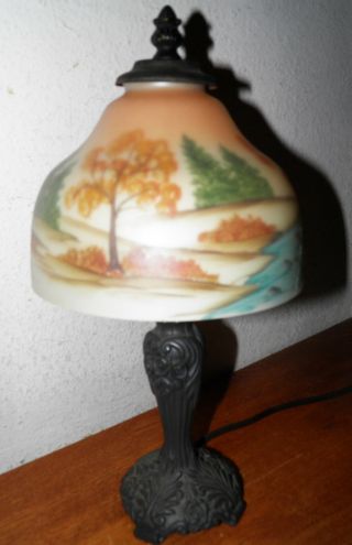 Vintage Reverse Painted Shade Desk Boudoir Lamp 15x7 " Repaired Shade