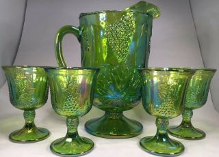 Vtg Green Carnival Glass With Four Goblets Grape Design