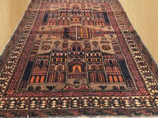Distressed Hand Knotted Vintage Afghan Taimani Balouch Prayer Wool Area Rug 4x3