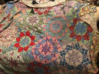 Vintage Antique Hand Stitched Quilt Top Only With Cute Feed Sacks Floral Prints