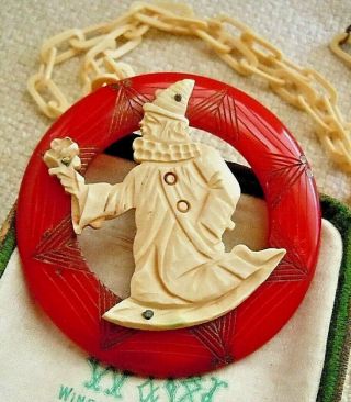 Antique Art Deco French Pierrot Clown,  Carved Galalith Celluloid Chain Necklace