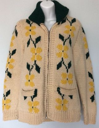 Vintage 50s 60s Cowichan Wool Hand Knit Zip Up Sweater Floral Flowers Sm Xsm
