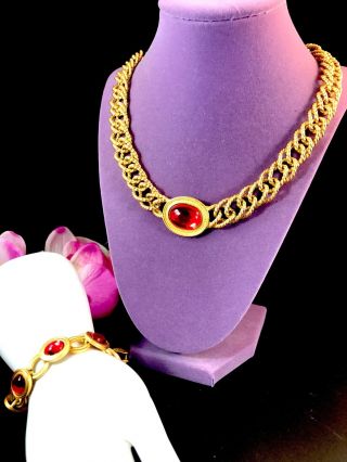 Fabulous Monet Gold - Tone Ruby Red Gripoix Cabochon Rope Necklace Bracelet Set