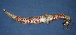 Vintage Look Dagger Damascus Blade Silver Koftgari Work Elephant Face & Carving