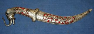 VINTAGE LOOK DAGGER DAMASCUS BLADE SILVER KOFTGARI WORK ELEPHANT FACE & CARVING 2