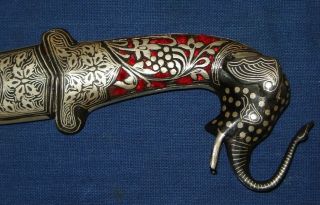 VINTAGE LOOK DAGGER DAMASCUS BLADE SILVER KOFTGARI WORK ELEPHANT FACE & CARVING 4