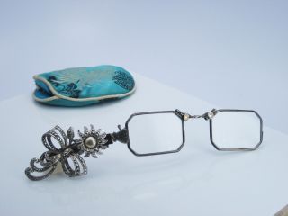 Antique Art Deco Era Silver Marcasite Pearl Lorgnette Opera Folding Eye Glasses