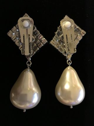 Vintage Fashion | Arnold Scaasi CN Clip Rhinestone | Large Pearl Drop Earrings 2