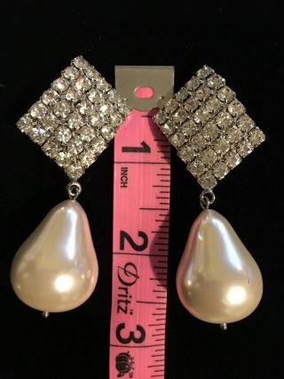 Vintage Fashion | Arnold Scaasi CN Clip Rhinestone | Large Pearl Drop Earrings 3