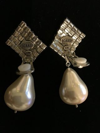 Vintage Fashion | Arnold Scaasi CN Clip Rhinestone | Large Pearl Drop Earrings 4