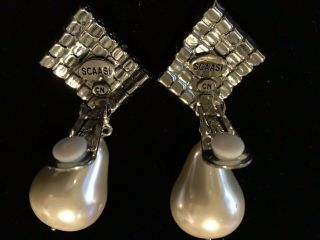 Vintage Fashion | Arnold Scaasi CN Clip Rhinestone | Large Pearl Drop Earrings 5