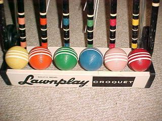 Vintage South Bend Lawnplay Wooden Croquet Set Wheeled Stand Striped Balls