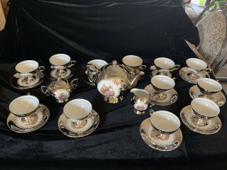 Stunning Vintage Platinum Tea / Demitasse Set Germany Parbus Porcelain 1950 