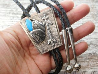 Vtg Old Pawn Navajo Sand Cast Sterling Silver Turquoise Yei Bolo Tie Signed