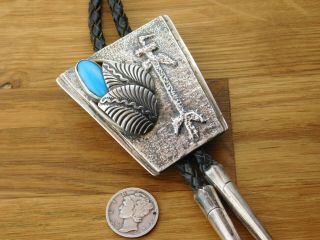 Vtg Old Pawn NAVAJO Sand Cast Sterling Silver TURQUOISE YEI BOLO TIE signed 2