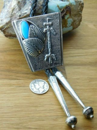 Vtg Old Pawn NAVAJO Sand Cast Sterling Silver TURQUOISE YEI BOLO TIE signed 3