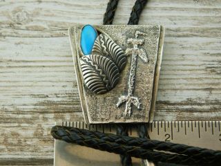 Vtg Old Pawn NAVAJO Sand Cast Sterling Silver TURQUOISE YEI BOLO TIE signed 4