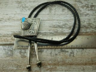 Vtg Old Pawn NAVAJO Sand Cast Sterling Silver TURQUOISE YEI BOLO TIE signed 5