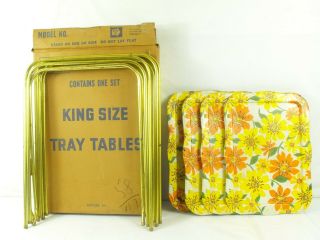 Vintage Mid Century Set 4 Metal Tv Tray Tables Floral 559 Melody Good Cond