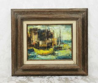 Vintage Mid Century Modern Abstract Oil Painting Of A Harbor Scene Boat Signed