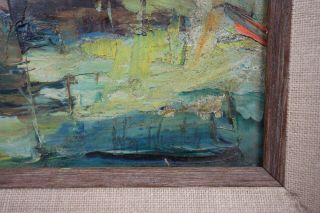 Vintage Mid Century Modern Abstract Oil Painting of a Harbor Scene Boat Signed 2