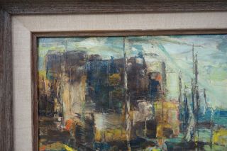 Vintage Mid Century Modern Abstract Oil Painting of a Harbor Scene Boat Signed 4