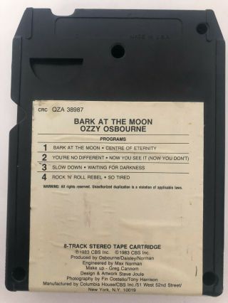 Ozzy Osbourne Bark At The Moon Rare QZA 38987 CBS Records 8 Track Cartridge Tape 3