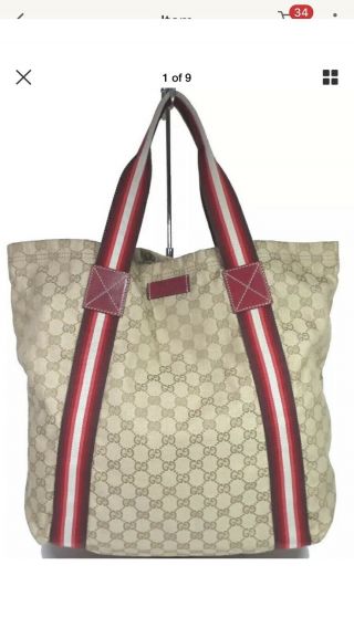 Vintage Gucci Women’s Tote Bag Xl Monogram Brown Red Stripe Authentic Very Rare