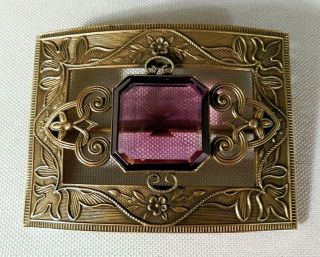 Antique Old Vintage Art Nouveau Deco Amethyst Czech Glass Brass Sash Pin Brooch