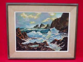 Vintage Mid Century Seascape Rocky Cliffs Oil Painting Signed? Ducan? Duncan?