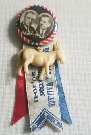 Vintage 1940s Franklin Roosevelt & Wallace Pinback Button W/ Ribbons & Donkey