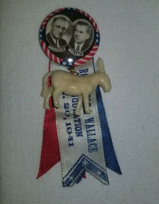 Vintage 1940s Franklin Roosevelt & Wallace Pinback Button w/ Ribbons & Donkey 2