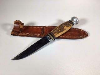 Vintage Case Hunting Knife 1960s Usa 4 " Split Stag Fixed Blade W/original Sheath