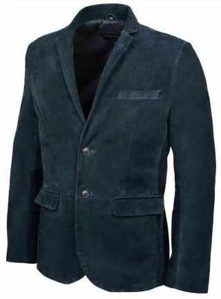 Casual Suede Leather Classic Blazer Vintage Winter Navy Blue For Men 